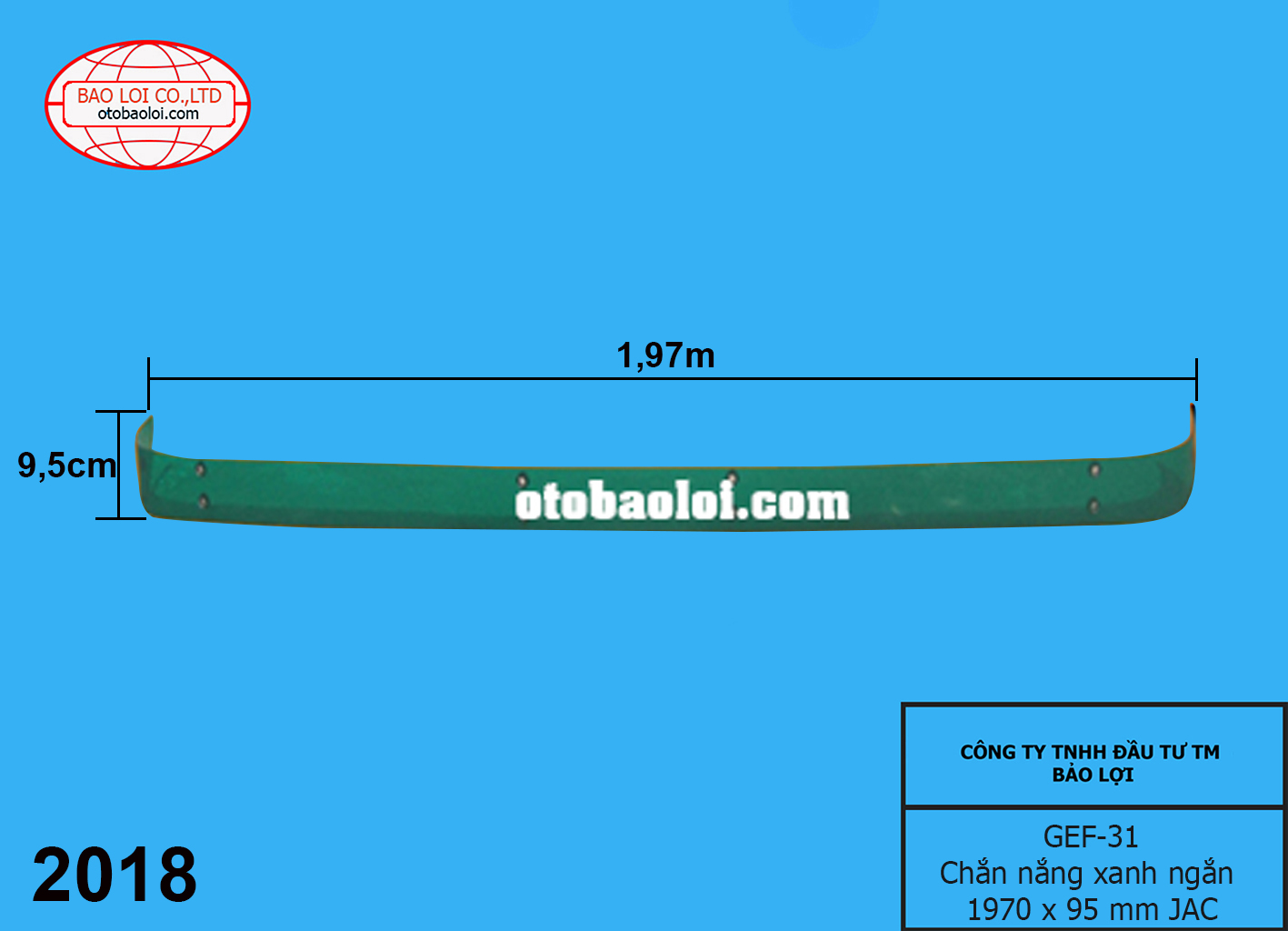 Chắn nắng xanh ngắn 1970 x 95 mm JAC